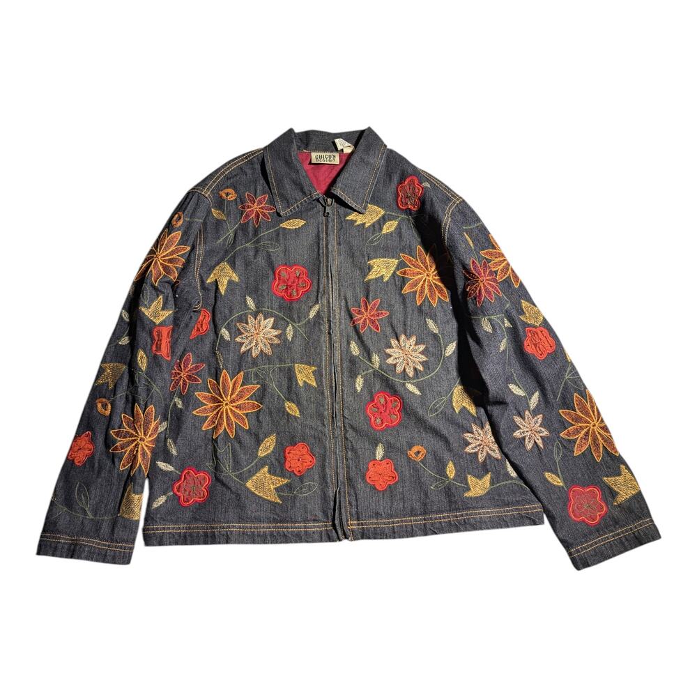 Vtg 1990s Chico's Dark Blue Denim Floral Embroidered Full Zip Jacket Sz 1 M